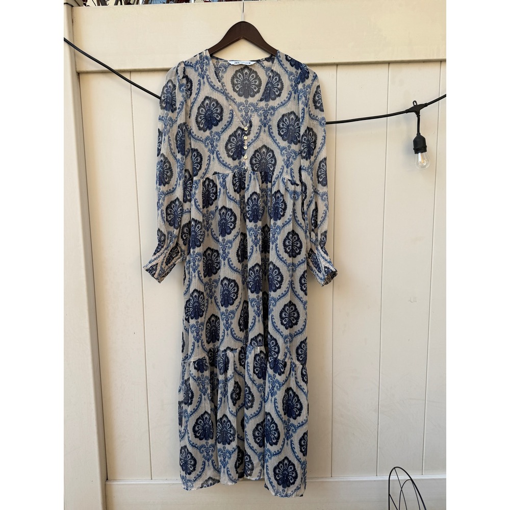 Zara Blue White Damask Print Tiered Midi Dress Long Sleeve Boho V-Neck Size M